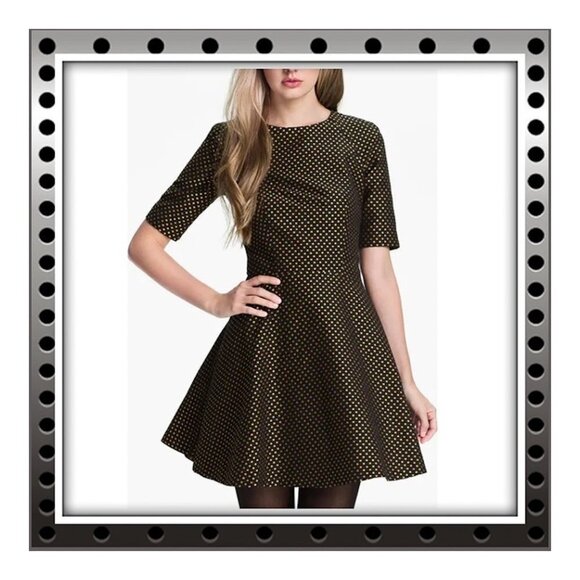 TED BAKER Fit and Flare Black Dress with Gold Jacquard Polka Dot - Picture 1 of 5